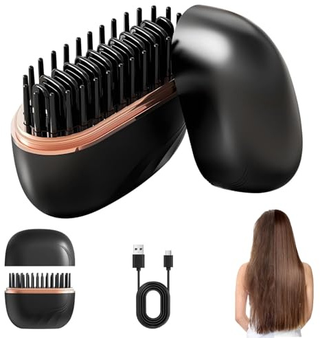 Mini Hair Straightener, 2-in-1 Mini Cordless Hair Straightener Comb, 30s Fast Heat, 3-Speed Temp Hot Comb, Anti-Frizz Hair Straightener for Travel & Home (Black)