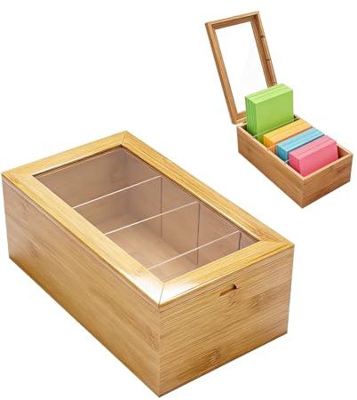 Buwico Index Card Holder Box, 3x5 Wooden Index Card Organizer with 4 Compartments, Holds Up to 1200 Cards, Wood Recipe Box with Lid for Home Office and Kitchen