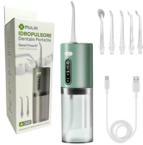 Irrigatore Orale Professionale Senza Fili per Casa e Viaggio – Idropulsore Dentale Portatile ad Acqua Ricaricabile Impermeabile IPX7 con 5 Ugelli Intercambiabili - Verde