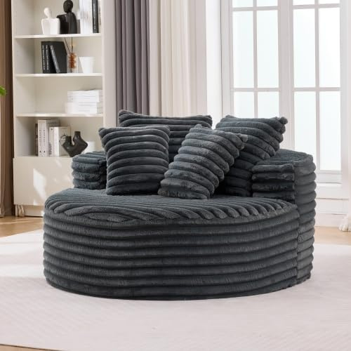 Muskel No Assembly Required Round Chaise Lounge, Oversized Corduroy Cloud Sofa with Extra-Deep 55-Inch Seat, Fluffy Faux Fur Couch for Bedroom Living Room Reading Nook, Dark Gray