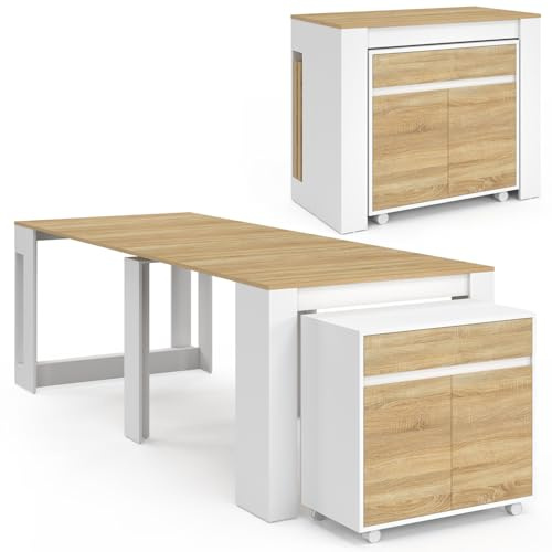 IDMarket - Table Buffet Extensible Orlando 10 Personnes 235 cm | Coloris bois blanc et façon hêtre
