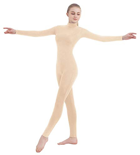 SUPRNOWA Women's Jumpsuit Bodycon Full Body Footless Unitard Long Sleeve Bodysuit with Zipper Comfortable Spandex One-Piece Dance Costume (Medium, Nude (Footless))
