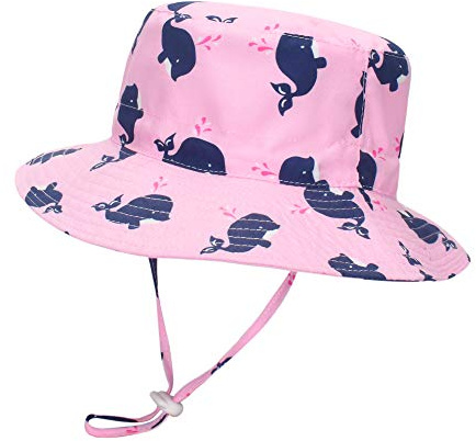 LACOFIA Chapeau Bob de Soleil Bébé Bonnet d'été pour Enfant Fille Casquette de Plage à Bord Large Enfant Protection Solaire avec Mentonnière Réglable Baleine Rose 12-24 Mois