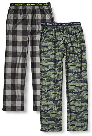 Calvin Klein Kids Boys' Super Soft Brushed Micro Pajama Pant 2-Pack, Green Camo/Black Plaid, Large