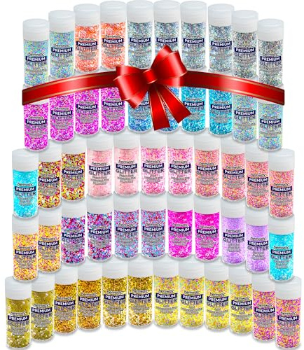 Hemway Mixed Polyurethane & Epoxy Resin Glitter Craft Box | 54 Craft Glitter Pots for Resin, Mixed Sizes & Colours, Shaker Set for Arts & Crafts, Candles, Wax Melts | Assorted Colours