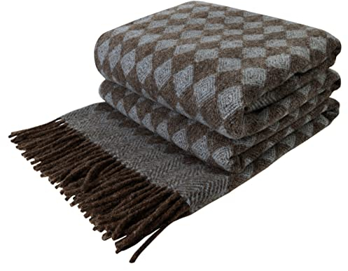 LYHome Wolldecke 100% Schurwolle - Warm Winterdecke Couchdecke Sofadecke, Kuscheldecke Tagesdecke Überwurfdecke, Winter Decke Sofa, Warme Decken Couch (140x200 cm, Blau - Braun Skandinavische Rauten)