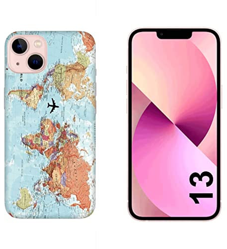 Generico Cover compatibile con Cover Apple iPhone 13 Mappa del Mondo azzurro travel/Gel di silicone morbido TPU