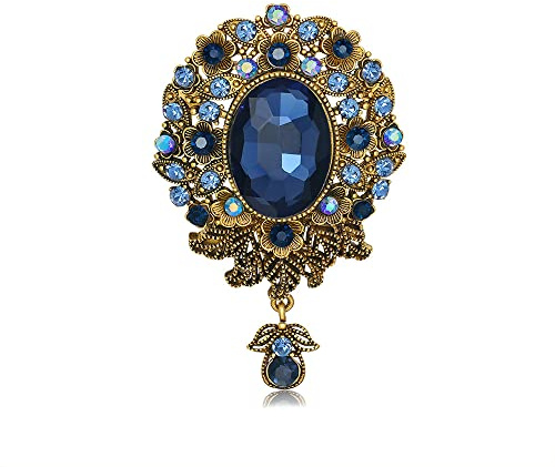 Vintage Teardrop Diamond Brooch Pin for Women Men Crystal Elegant Flower Badge Brooches Laple Pins Scarf Clip Boutonniere Corsage for Clothes Dress Hats Bags Accessory (Blue)