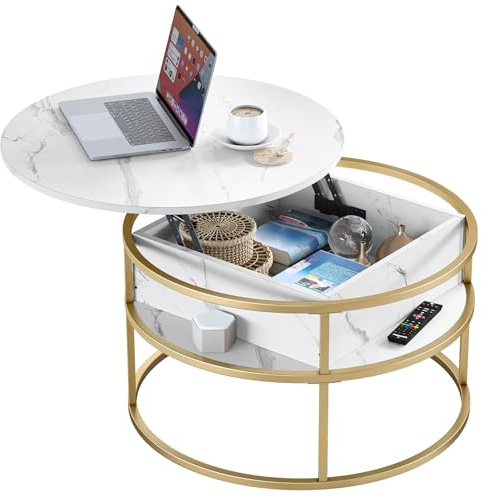 YITAHOME Round Lift Top Coffee Table, Coffee Tables with Living Room with Hidden Storage Compartment, Modern Coffee Table with Storage for Home Office,Round Center Tables Living Room (White & Gold)