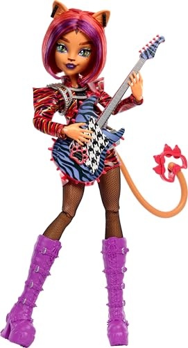 Monster High Journal des Horreurs Poupée Toralei et Accessoires sur Le thème du Club de Musique des Monstres, avec Blouson Universitaire, Album de, Guitare et Microphone, HXW32