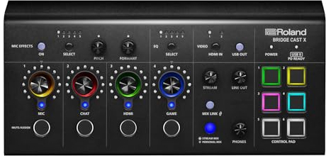 Roland BRIDGE CAST X Dual Bus Gaming Mixer & Video Capture Pro Audio Streaming Interface for Online Gamers & More 32-Bit Hardware DSP USB-C Windows and Mac Connectivity XLR Mic Support