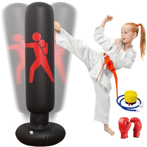 Oziral Saco de Boxeo Inflable para Niños, Saco de Boxeo de 160 cm, De pie, con Bomba de Aire y Guantes de Boxeo para Karate, Kickboxing, Equipo de Entrenamiento, Regalo