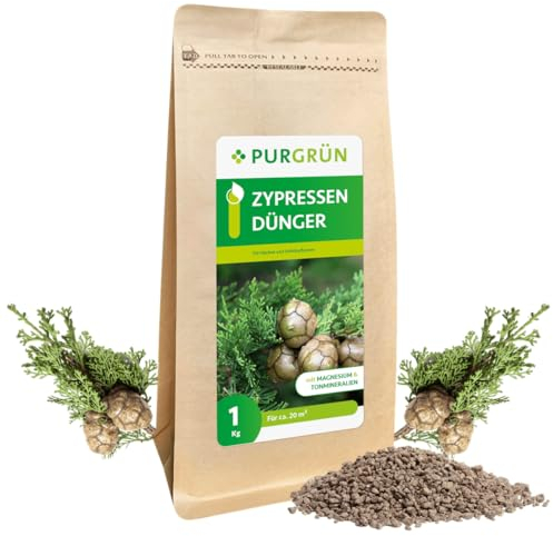 Purgrün® Zypressen-Dünger 1 kg – Sattgrüne Nadeln dank Magnesium – Schnelles, gesundes Wachstum – Verbessert die Bodenqualität – Erhöht die Widerstandskraft – Koniferendünger für ca. 20 Pflanzen