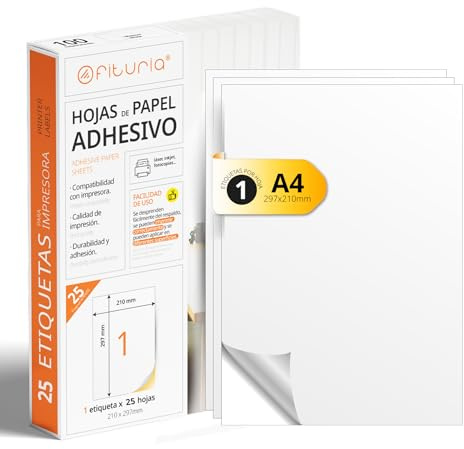 Etiquetas Adhesivas Blancas, Crea tus Pegatinas Personalizadas para cualquier Superficie, Papel A4 Adhesivo Seguro, Etiqueta Adhesiva para Imprimir - Ofituria (1 por hoja, 25h)