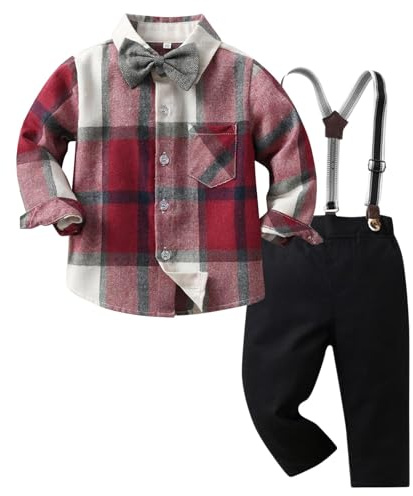 Kunyeah Niño Caballero Atuendos a cuadros Niño Camisa de manga larga con pajaritas Tirantes Pantalones Niño Traje de Vestir para 1-6 Años (Rojo, 2-3 Años)