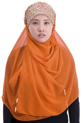 Lina & Lily - Sciarpa in chiffon premium con hijab, con paillettes dorate e perline glitterate per donne musulmane, Arancione, Etichettalia unica