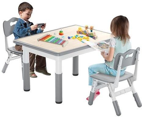 FIVMEN Kindertisch mit 2 Stühlen Kinder Tisch Stuhl Set Höhenverstellbar 3 Teilige Kindersitzgruppe Plastik Kinderzimmer Möbel Spieltisch Schreibtisch für Kinder ab 2 Jahre, 80x60 cm