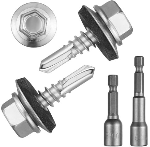 MirraSwit 150 Piezas 4.8×17mm Tornillos Autotaladrantes con Manga Hexagonal, Tornillos Autotaladrantes Cabeza Hexagonal, Roscachapas con Arandelas para Chapas Metalicas, Tejado