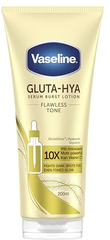 Vaseline Gluta-Hya Flawless Tone Serum Burst Lotion Moisturiser – Body Lotion with GlutaGlow™, Glycerol, Hyaluron & Antioxidants 10x Stronger Than Vitamin C*, Reduces Dark Spots in 5 Days 200ml