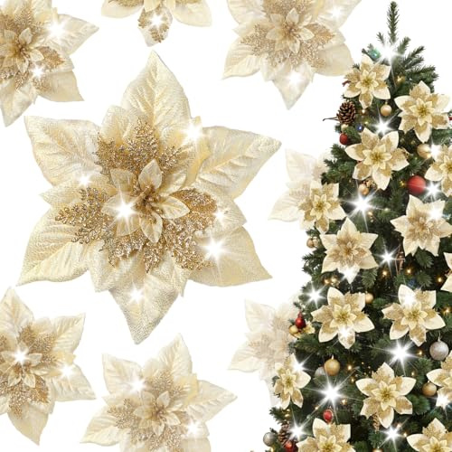 Alupssuc 24 Pieces Artificial Christmas Flowers Decorations Poinsettia Christmas Glitter Wedding Xmas Tree Ornaments Christmas Decorations with Clip and Stick, Gold