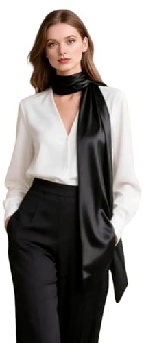 LA FERANI Foulard en soie pour femme - 100% soie - 180 x 90 cm - Couleur unie - Pour costume formel - Style professionnel - Cadeau pour elle, blanc 180x90 (Noir)