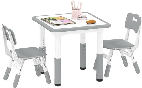 AIYAPLAY Mesa y Sillas Infantiles de 3 Piezas con Altura Ajustable Mesa Infantil con 2 Sillas Fácil de Limpiar para Niños de 18 Meses a 5 Años para Sala de Juegos Dormitorio Guardería Blanco y Gris