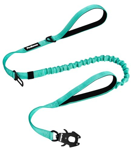 PetBonus Guinzaglio tattico per cani resistente, guinzaglio elastico per assorbimento degli urti con 2 manici imbottiti, clip in metallo a sgancio rapido, cintura di sicurezza per auto (Turchese)