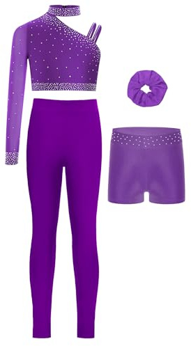 MSemis Tuta Sportiva da Ginnastica Artistica Bambina 4 Pezzi Completo Sportivo da Danza Moderna Jazz Hip Hop Crop Top Fascia per Capelli Pantaloncini Leggings Sportivi Viola 11-12 anni