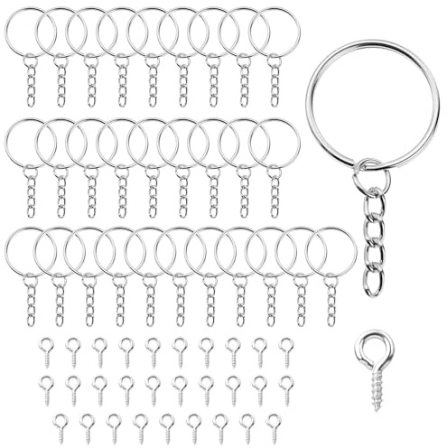 60 Pcs Keychain Ring Set, 30 Pcs 25mm Split Key Hoops with 30 Eyelet Screws, Silver Metal Key Rings and Keychain Accessories for DIY Crafts, Resin Jewellery Making and Tassel Attachment