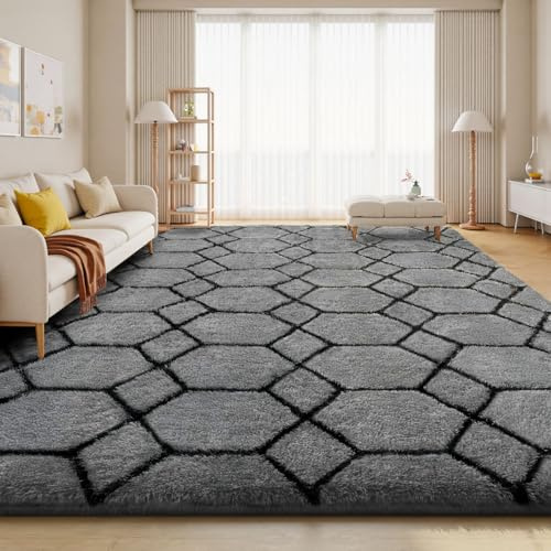 Sour Lemon Tapis de salon, à poils longs, gris, 240 x 340 cm, lavable, antidérapant, extra large, moelleux, moderne, pour chambre à coucher, chambre d'enfant