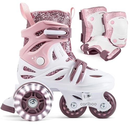 Cariboo Pattini per Bambini - Regolabili - Per Principianti - Set con Protezioni per Ginocchia, Gomiti e Polsi - Ballerina Rosa-Viola XS