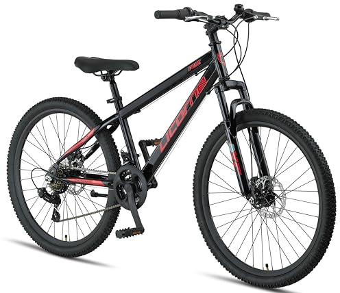 Licorne Bike Thunder Premium mountainbike i 20, 24, 26, 27,5 och 29 tums cykel för flickor pojkar män och kvinnor skivbroms (svart/röd, 26 tum)