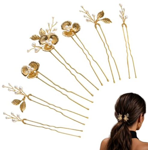 Aribliseza Accessoires pour cheveux 7 pièces, épingles à cheveux dorées avec perles, pince à cheveux fleurie avec cristaux, pour mariée, demoiselles d’honneur et occasions festives
