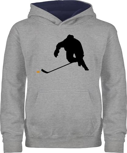 Pullover Kinder Hoodie Jungen Mädchen - Sport Kleidung - Eishockey Sprint - 140 (9/11 Jahre) - Grau meliert/Navy Blau - outfits 25. geburtstag ice hockey hoody pulli hudis kapuzenpullover kind kids