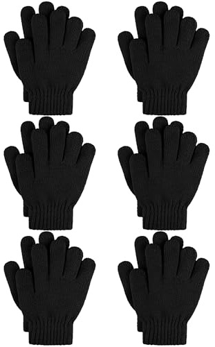 Cooraby 6 Pairs Kids Knitted Magic Gloves Teens Warm Winter Stretchy Full Fingers Gloves (Black, 6-12 Years)