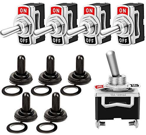 QitinDasen 5Pcs Professionell 6A 250V / 15A 125V Auto Kippschalter mit Wasserdicht Schutzkappe, SPST 2-Polig Rocker Toggle Switch, EIN/AUS 2 Position Wippschalter mit Metallhebel