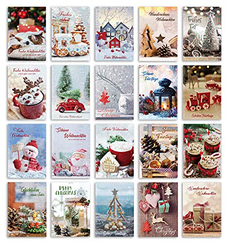DEEPLAY Weihnachtskarten, Grußkarten mit Umschlägen, Holographische Falt-Weihnachtskarten mit Weihnachtsatmosphäre Echte Szenenmuster für Familie, Freunde, 20 Stk. mit 20 Designs
