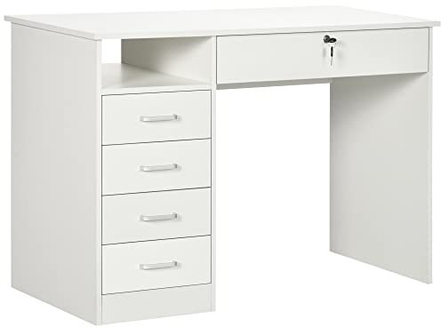 HOMCOM Computer Desk, Home Office Desk with Lockable Drawer, Storage Shelf for Study Bedroom, 110 x 50 x 76 cm, White