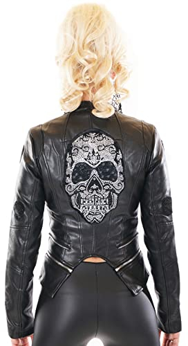Zeralda Fashion Damen Biker Jacke Glitzer Totenkopf Kunstleder Leder Wet Look Skull S M L XL (S, Schwarz)