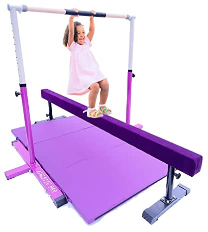 Athletic Bar Gymnastics Bar Kip Bar for Kids 3 in 1 Set + Adj. Exercise Beam, 6'x4' Tumble Mat, Adjustable Height Horizontal Bar 3 to 5 FT Professional Junior Gymnast Asymmetric Gymnastic Bar, Purple