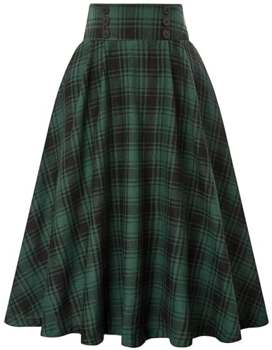 Jupe à carreaux taille haute pour femme - Coupe trapèze en tartan - Jupe longue plissée - Jupe de style universitaire, Vert, 48
