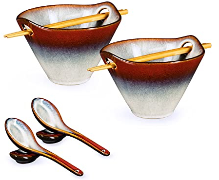 HENXFEN LEAD Juego de 2 cuencos de ramen de cerámica japonesa de 600 ml, con palillos y cuchara para sopa, ensalada, pasta, cereales y fideos - Rojo