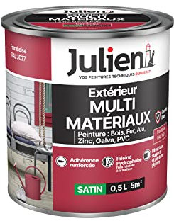 Julien Peinture Multi-Matériaux Satin en phase Aqueuse - Bois, Fer, Alu, PVC, Zinc, Acier galvanisé, brut ou peint - Framboise 0,5 L