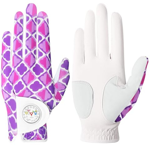 FINGER TEN Stylish Golf Gloves Women with Ball Marker 1 Pack for Left or Right Hand, Breathable Glove with Fashion Patterns for Ladies Right Left Handed Golfer (Full-Purple, Small, Left)