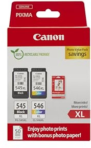 Canon PG-545XL + CL-546XL, Cartuchos de Tinta Original, Cartucho de Tinta Independiente en Color Negro y Cartucho Multicolor, Incluye 50 Hojas Papel Fotográfico 4 x 6, Compatible con Impresoras PIXMA