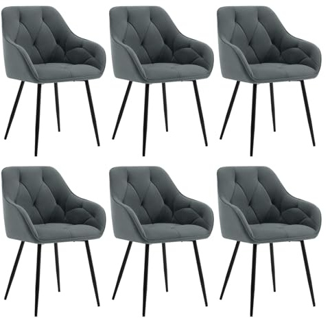 WOLTU Set of 6 Dining Chairs Kitchen Chairs Upholstered Living Room Chair with Backrest, Armrests, Metal Legs, Ergonomic Chair for Lounge, Office, Dressing Table, Velvet, Dark Grey