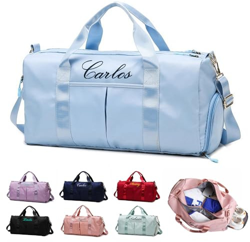 Borsone da Viaggio Personalizzato,Borsa da Ginnastica Sportiva Personalizzabile,Ricamata Personalizzata con Borsa Bagnata e Asciutta e Scomparto per Scarpe,Per Uomini e Donne,Borse Sportive(azzurro)