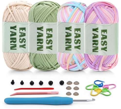 4 X 50g Wolle zum Häkeln Dickes Garn, Schlauchgarn zum Häkeln, Dicke Baumwolle zum Häkeln Sperriges Chenille wolle zum Häkelgarn Baumwollgarn für Anfänger(Beige + Hellgrün + Rosa + Hellviolett)