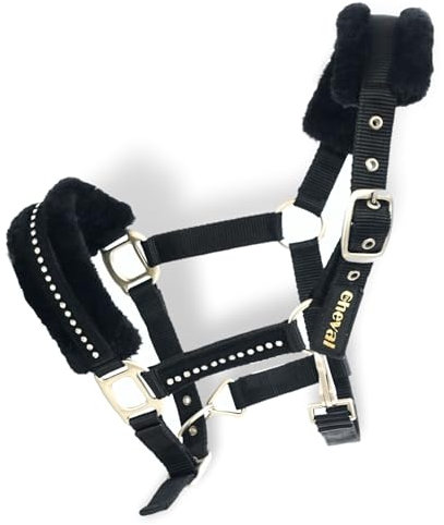 Halfter für Pferde mit Glitzer Steinen, Fell Halfter Pferd in schwarz mit Strass, 2-Fach verstellbar (Schwarz, Pony)