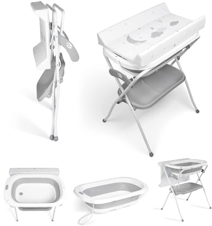 Ms BabyWorld ZOE - Bañera Bebe con Patas, Cambiador, Cojín Reductor y Cesta Portaobjetos - Comoda, Facil de Guardar, con Tapón y Patas Antideslizantes - Bañera Bebé Plegable y Portatil (Sin reductor)